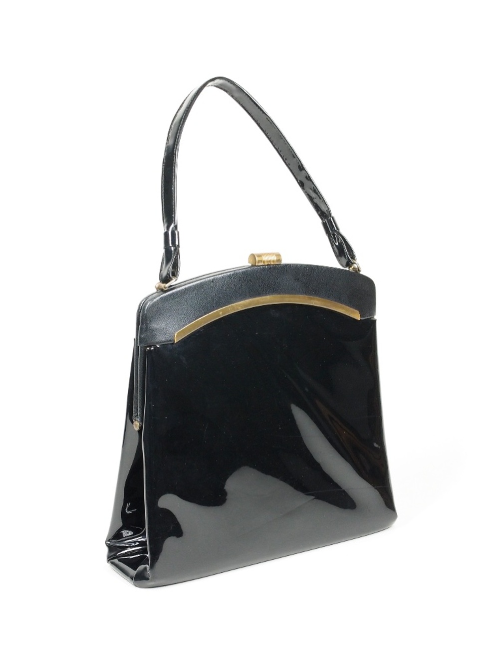Black Patent Mini Top-Handle Bag with Gold Accent
